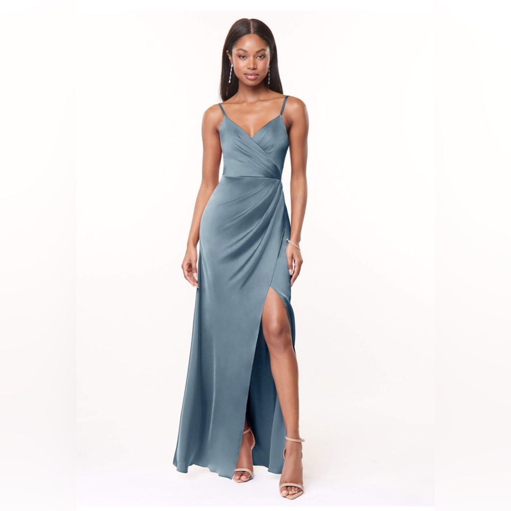 Azazie Maci bridesmaid dress in stretch satin. Color is Dusty Blue. Size A4.